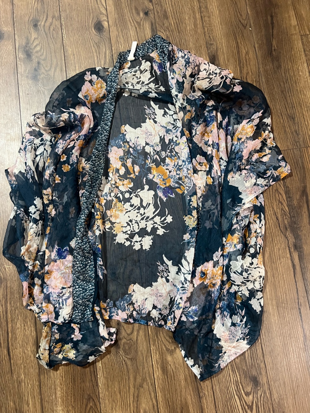 LOFT Sheer Navy Floral Kimono Cardigan with Pink & Mustard Flowers